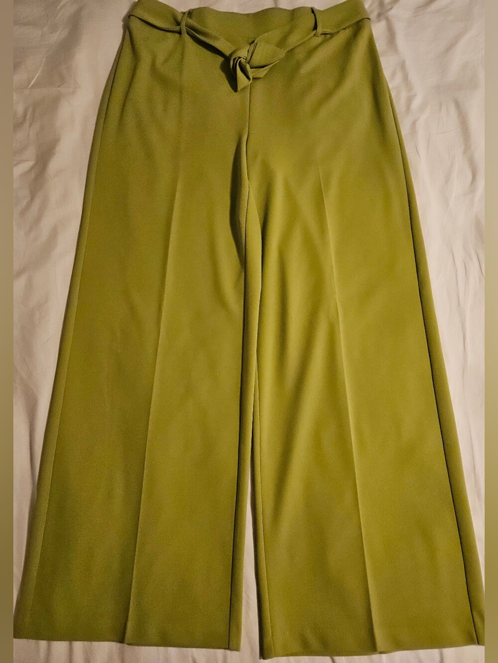 Carole Wren Chartreuse Green Wide Leg Tie Waist Pants Size 14 Trousers